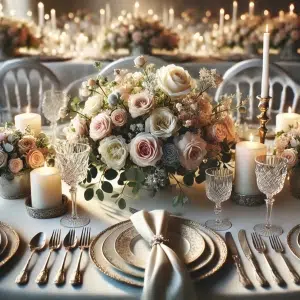 Photographie réaliste d'une table de mariage élégamment dressée avec une nappe blanche, des compositions florales pastel, de la vaisselle raffinée, des verres en cristal et des bougies créant une ambiance chaleureuse et romantique.