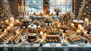 Buffet hivernal élégant avec soupes, plats mijotés, pains frais et desserts festifs, décoré avec des éléments de saison
