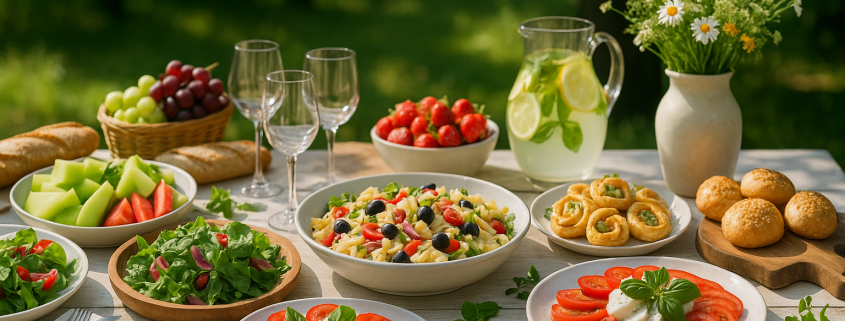 Buffet d'été élégant dressé sur une table extérieure ombragée