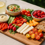 Plateau repas estival avec crudités, fromage, fruits et pain présenté sur planche en bois