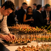 Traiteur préparant des amuse-bouches raffinés lors d’une réception élégante avec invités en arrière-plan