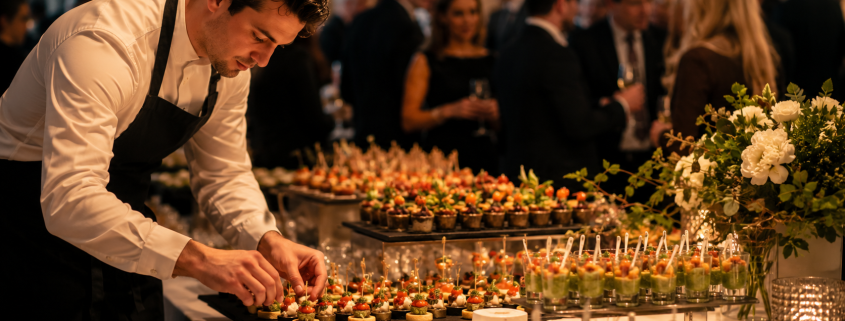 Traiteur préparant des amuse-bouches raffinés lors d’une réception élégante avec invités en arrière-plan